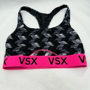 Victoria’s Secret VSX Sports Bra Medium Black Gray Pink Logo Band Racerback